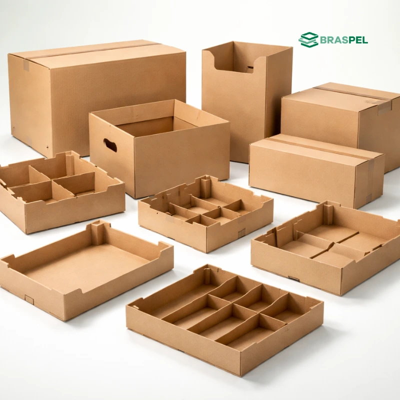 caixas e bandejas de papelão ondulado para transporte e armazenamento